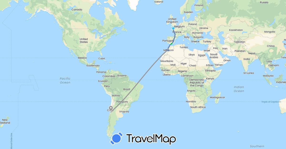 TravelMap itinerary: driving, bus, plane, cycling, boat in Chile, Spain, France, Jersey, Morocco (Africa, Europe, South America)